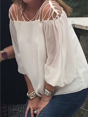 Express White Off-Shoulder Blouse with Macramé Strap Detail